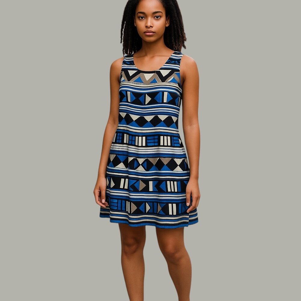 Blue Rain Sleeveless Summer Shift Dress-Size M-Scoop Neck-Elastic Waist
